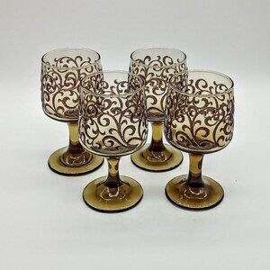 Vintage Libbey Prado Brown Scroll Wine Glasses (4)